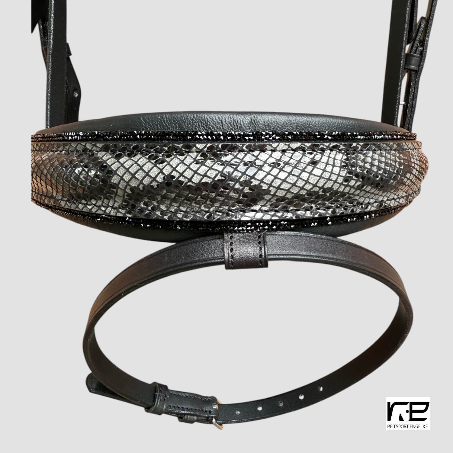 Otto Schumacher Trensenzaum Elegant schwarz Reithalfter mit shiny snake grey und Zierkeder fineline black