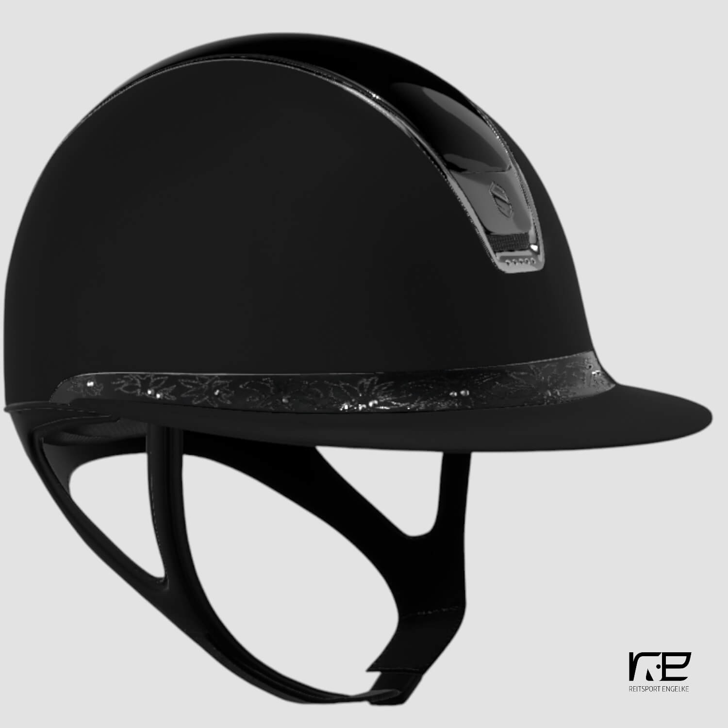 Samshield Reithelm MissShield Shadowmatt Dressage V2  black Top: Glossy FB springflower, Trim + Blazon chrom schwarz mit 5 schwarzen Swarovski Steinen