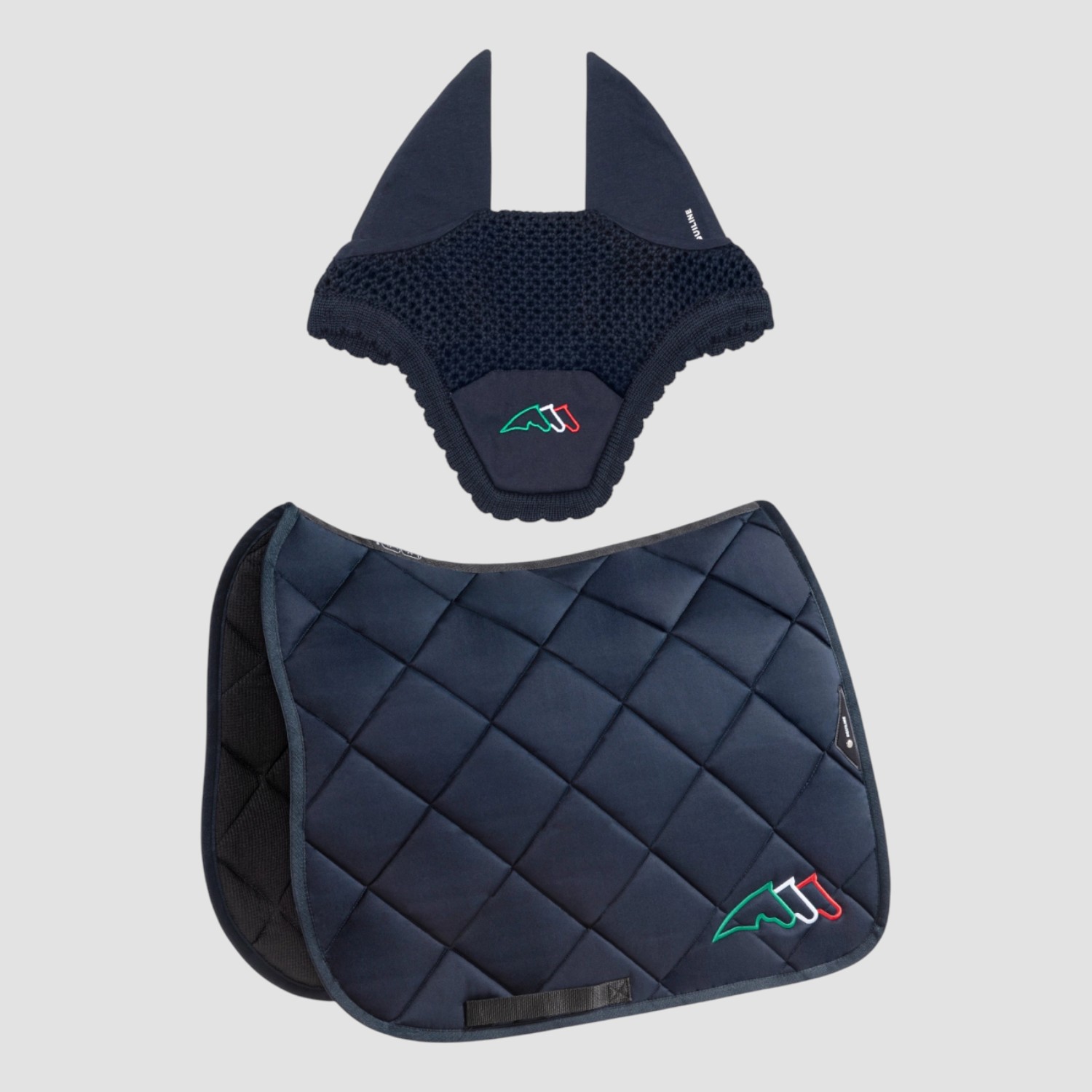 Equiline Schabracke und Fliegenmütze Rombo mit Equiline Logo grün weiß rot