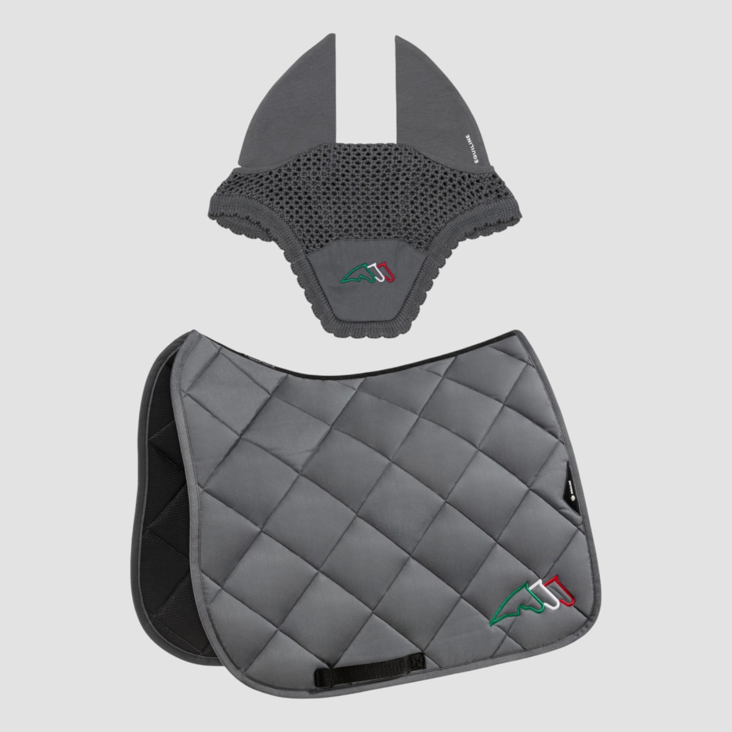 Equiline Schabracke und Fliegenmütze Rombo mit Equiline Logo grün weiß rot