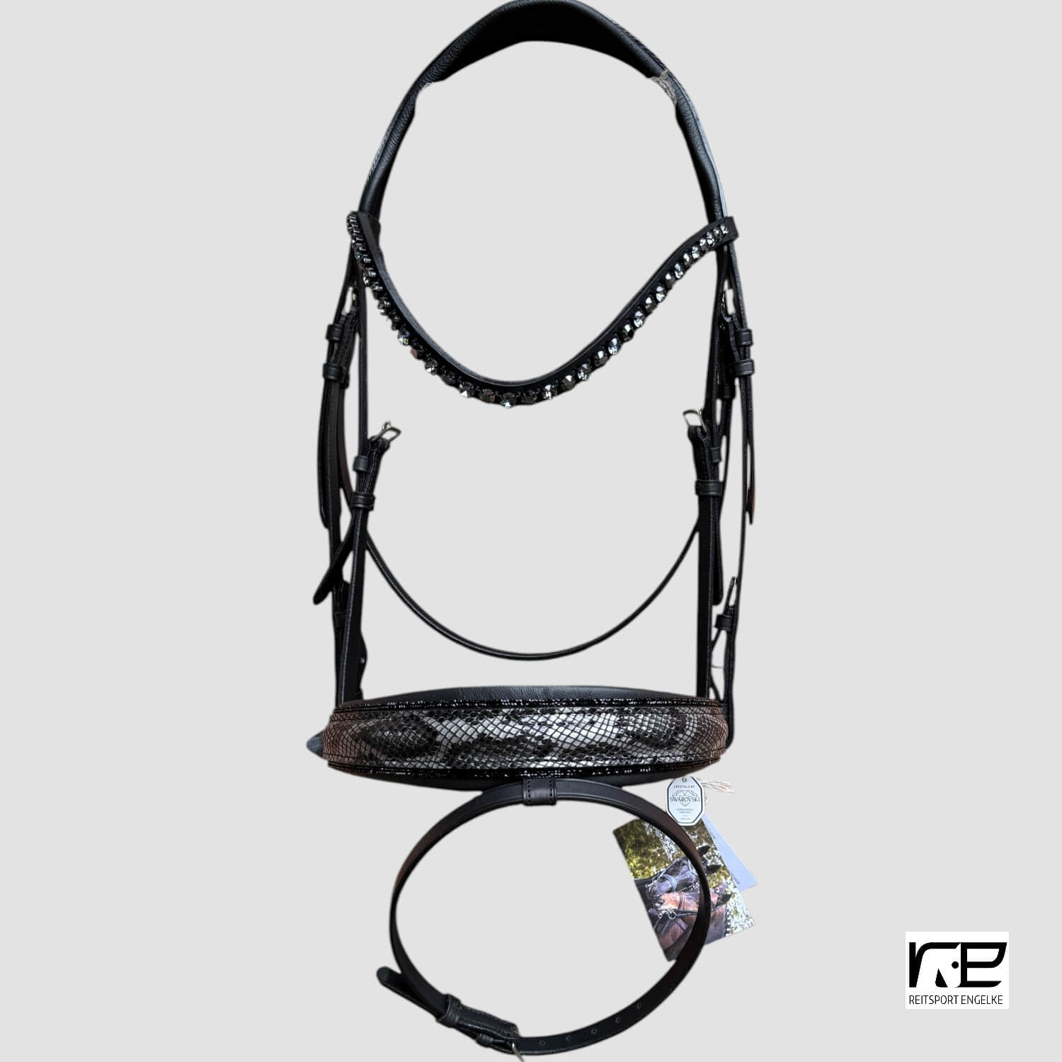 Otto Schumacher Trensenzaum Elegant schwarz Reithalfter mit shiny snake grey und Zierkeder fineline black