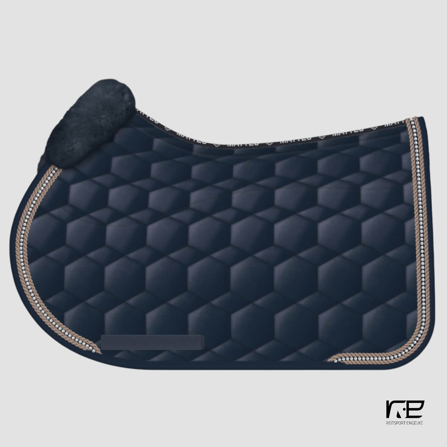 Mattes Lammfellschabracke Rand vorne Steppstoff glanz Navy mit Kordel Walnuss und Strass