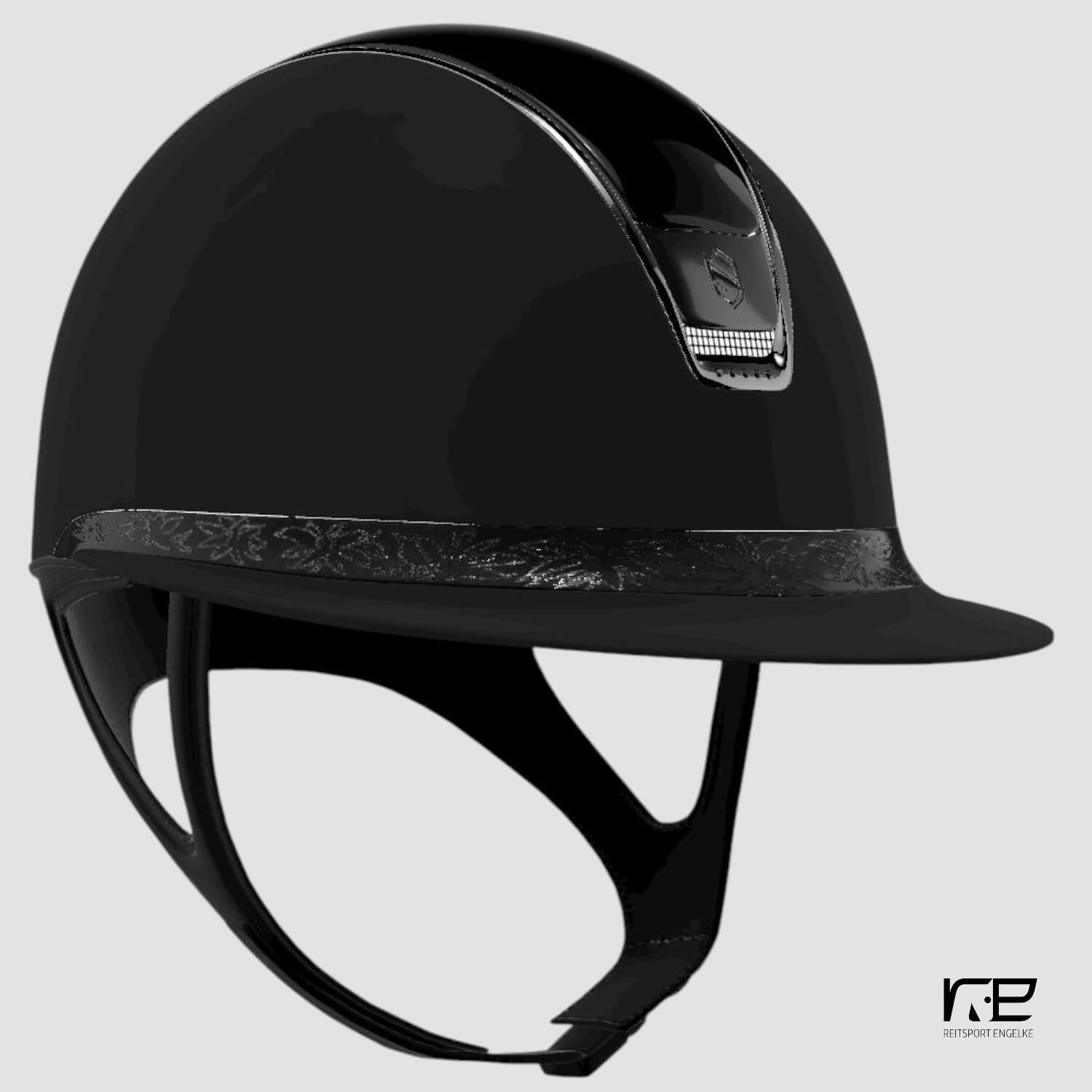 Samshield Reithelm MissShield Shadowmatt Dressage V2  black Top: Glossy FB springflower, Trim + Blazon chrom schwarz mit 5 schwarzen Swarovski Steinen