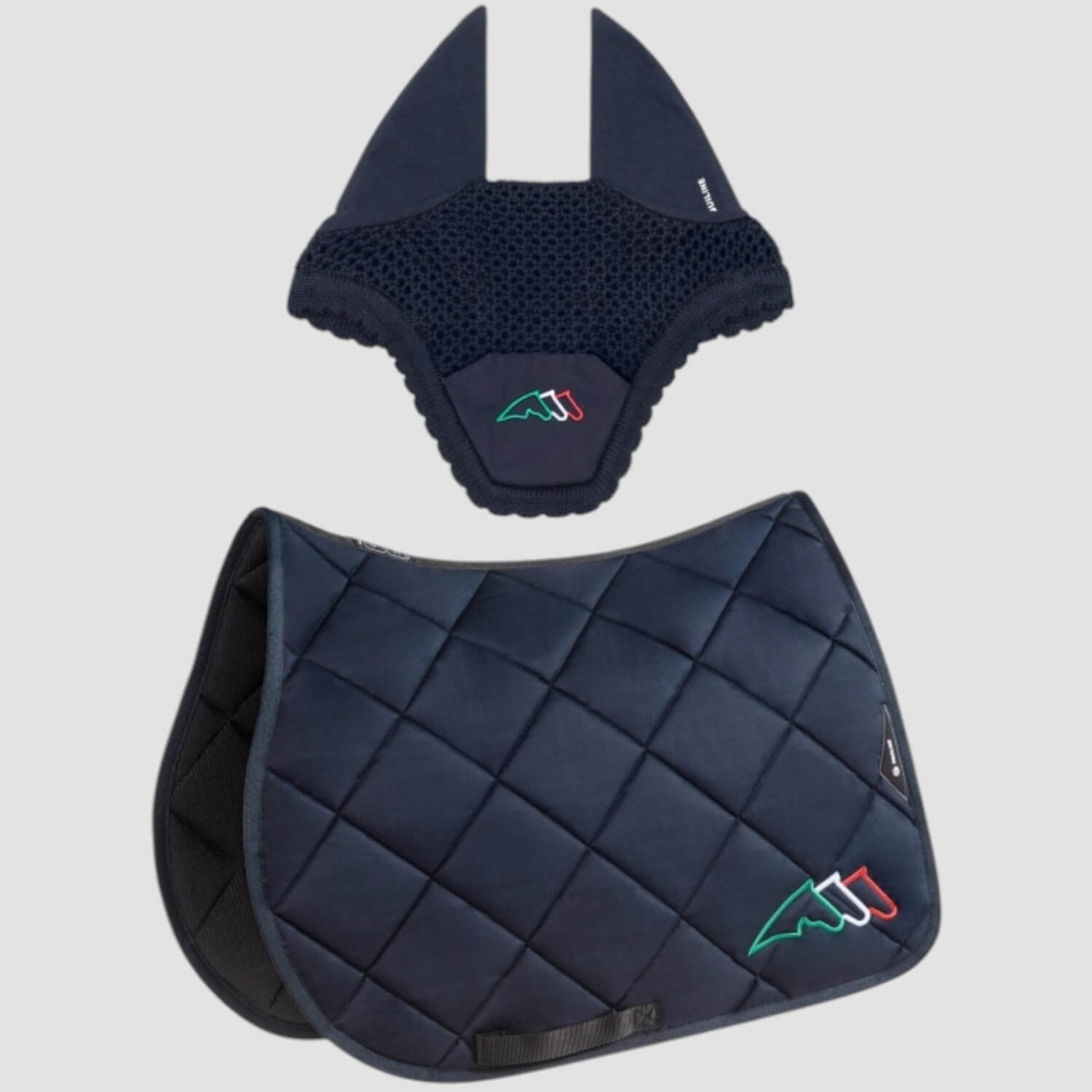 Equiline Schabracke und Fliegenmütze Rombo Springen mit Equiline Logo grün weiß rot