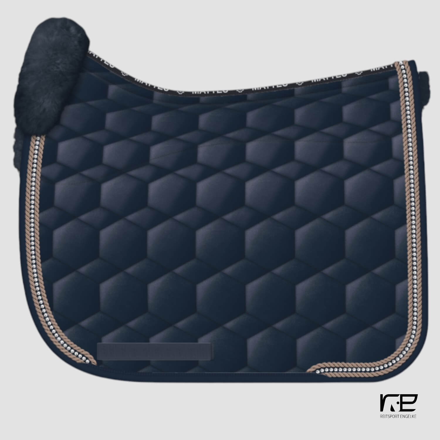 Mattes Lammfellschabracke Rand vorne Steppstoff glanz Navy mit Kordel Walnuss und Strass