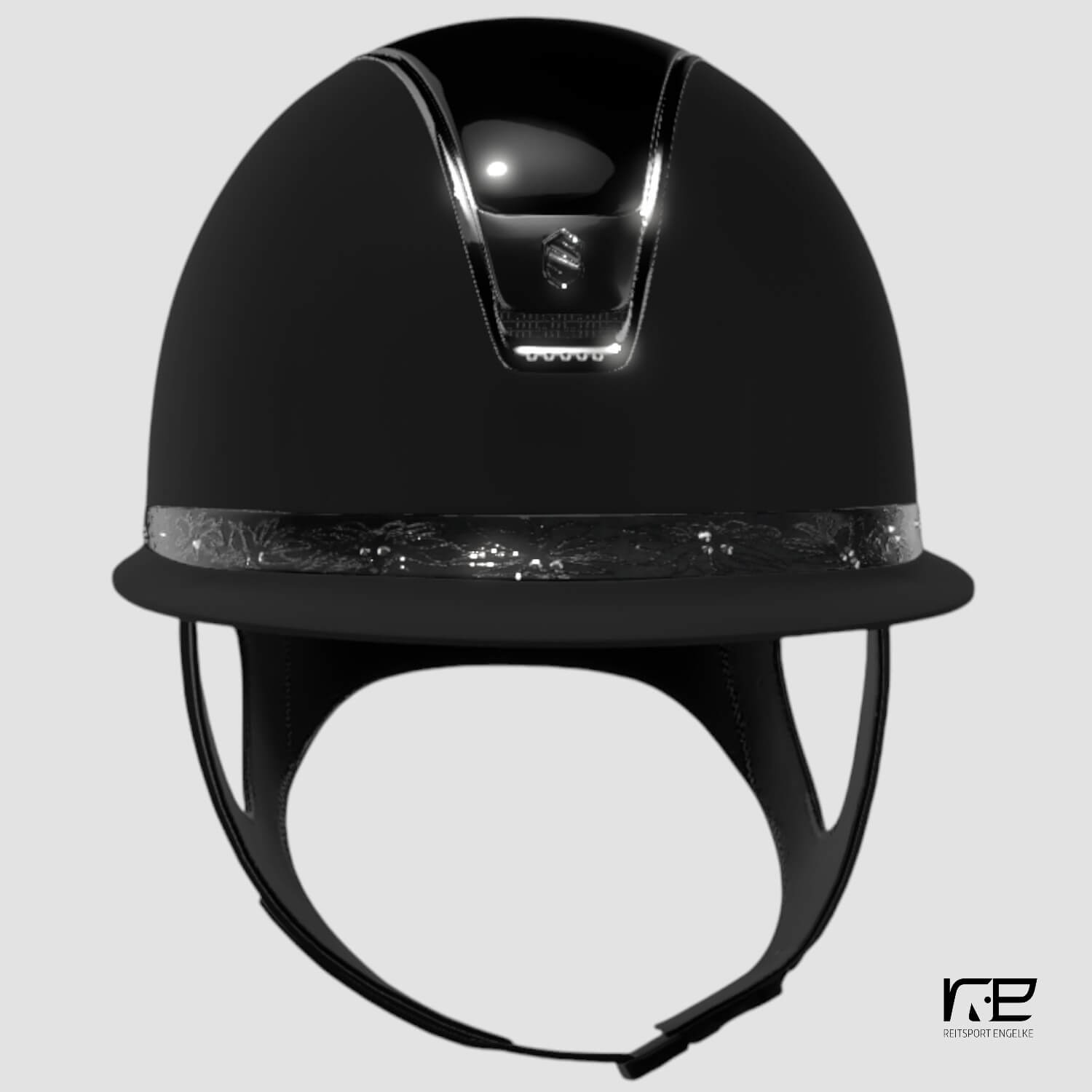 Samshield Reithelm MissShield Shadowmatt Dressage V2  black Top: Glossy FB springflower, Trim + Blazon chrom schwarz mit 5 schwarzen Swarovski Steinen