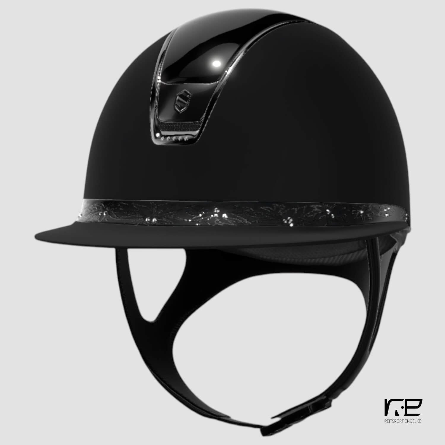 Samshield Reithelm MissShield Shadowmatt Dressage V2  black Top: Glossy FB springflower, Trim + Blazon chrom schwarz mit 5 schwarzen Swarovski Steinen
