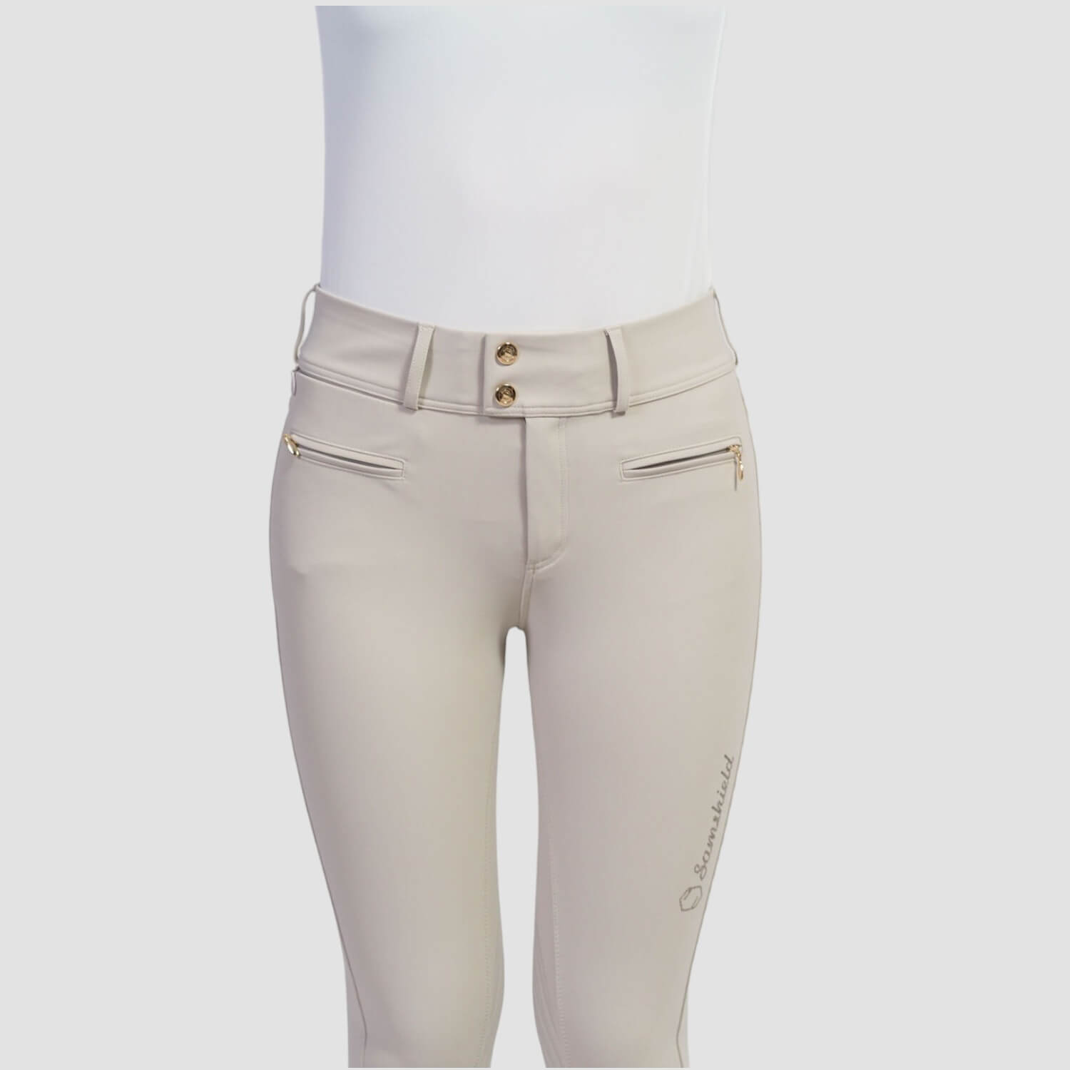 SQUARE_CLARA_KNEE_GRIP_BEIGE_CHAMPAGNE_DETAIL(1) Samshield Damenreithose Clara farbig
