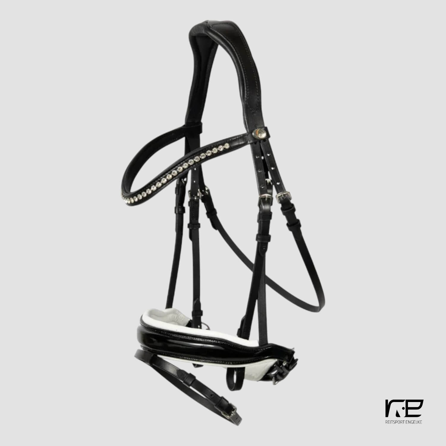 Hans Melzer Trense Wiesbaden Comfort weiß Unterlegt englisch kombiniertes Reithalfter Lack